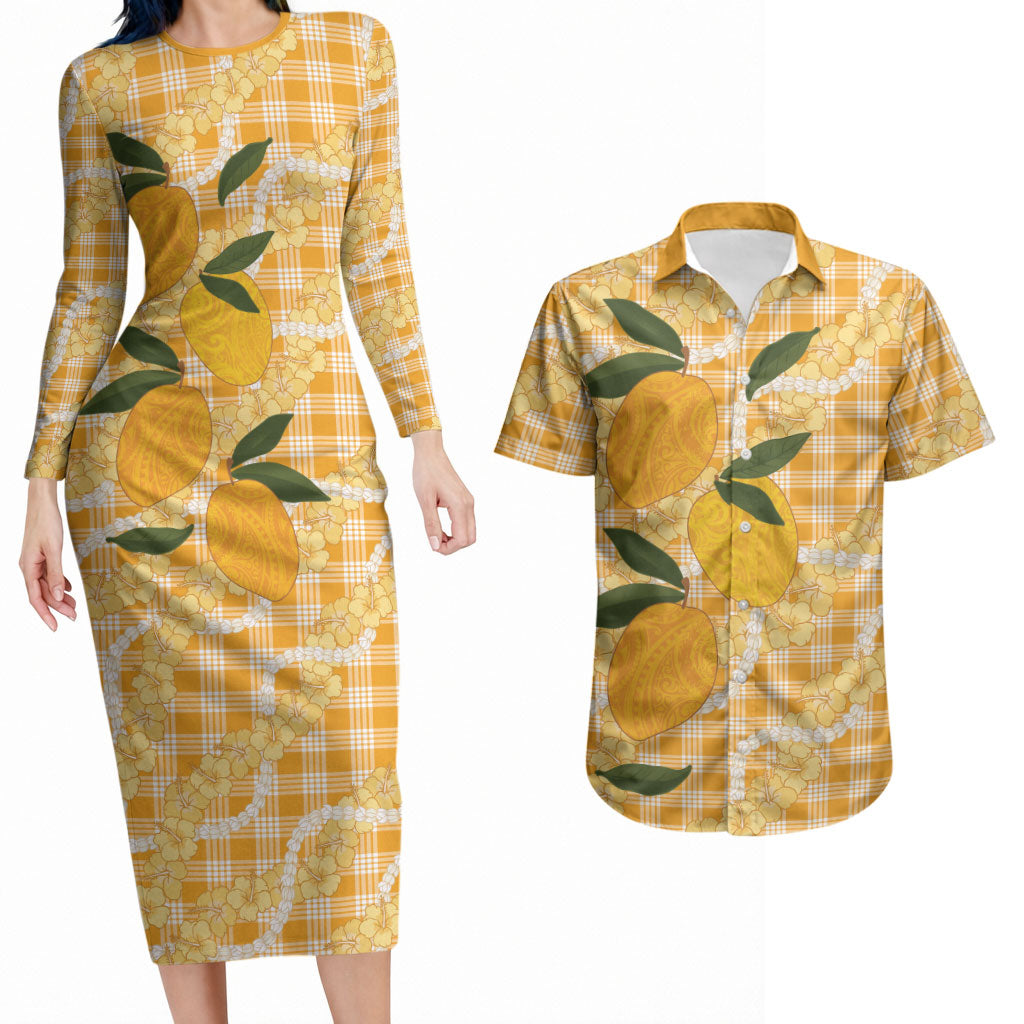 Alani Hawaiian Mango Palaka Couples Matching Long Sleeve Bodycon Dress and Hawaiian Shirt Aloha Hibiscus Pikake Lei