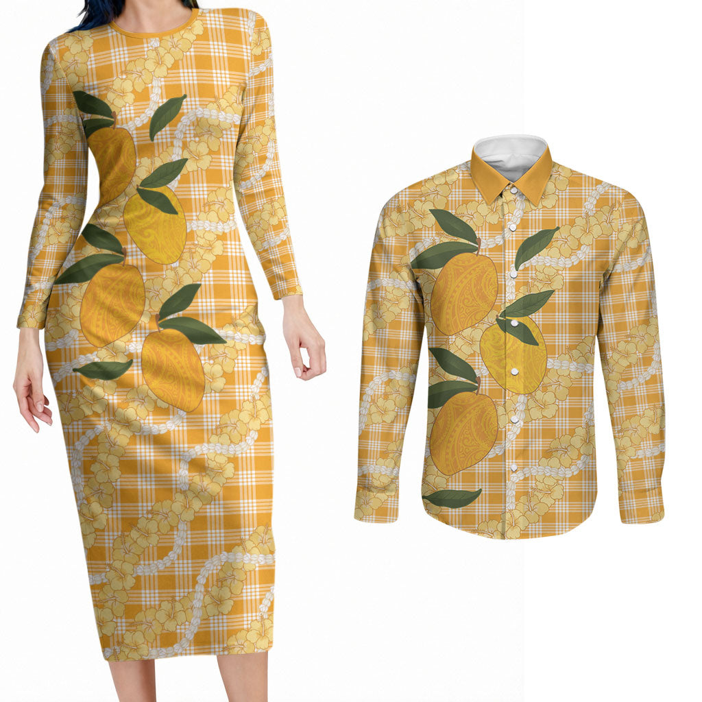 Alani Hawaiian Mango Palaka Couples Matching Long Sleeve Bodycon Dress and Long Sleeve Button Shirt Aloha Hibiscus Pikake Lei