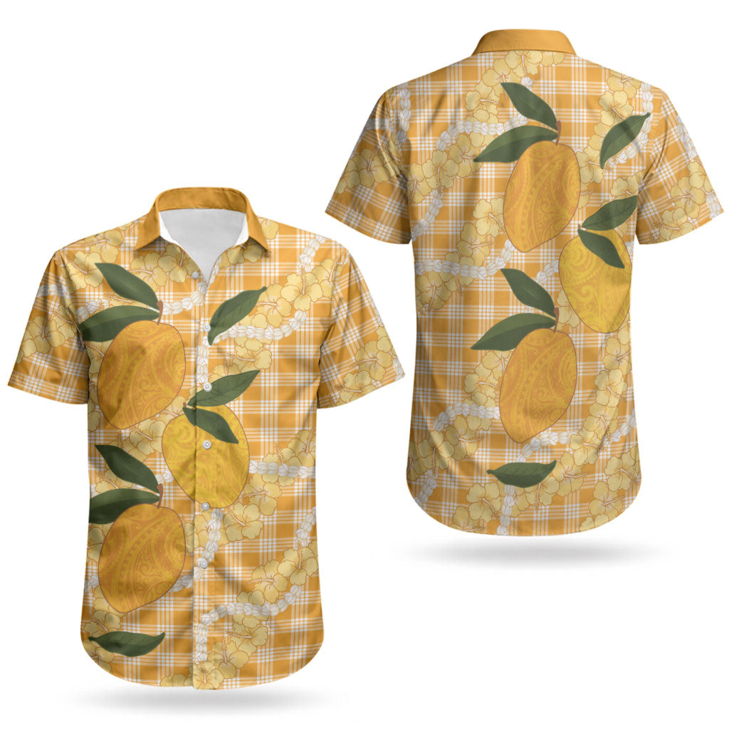 Alani Hawaiian Mango Palaka Couples Matching Off Shoulder Maxi Dress and Hawaiian Shirt Aloha Hibiscus Pikake Lei