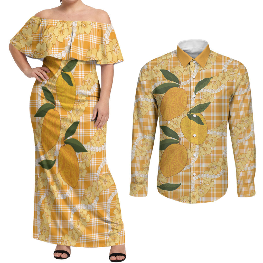 Alani Hawaiian Mango Palaka Couples Matching Off Shoulder Maxi Dress and Long Sleeve Button Shirt Aloha Hibiscus Pikake Lei