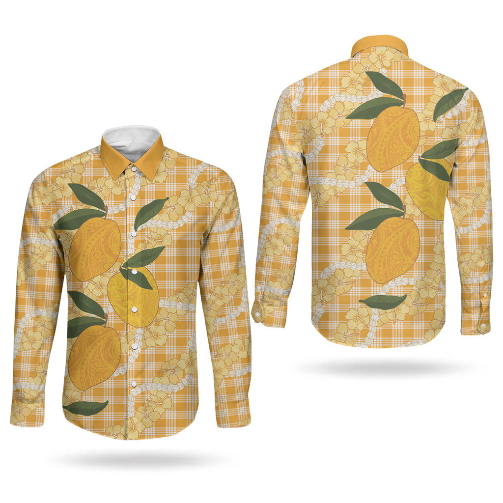 Alani Hawaiian Mango Palaka Couples Matching Off Shoulder Short Dress and Long Sleeve Button Shirt Aloha Hibiscus Pikake Lei