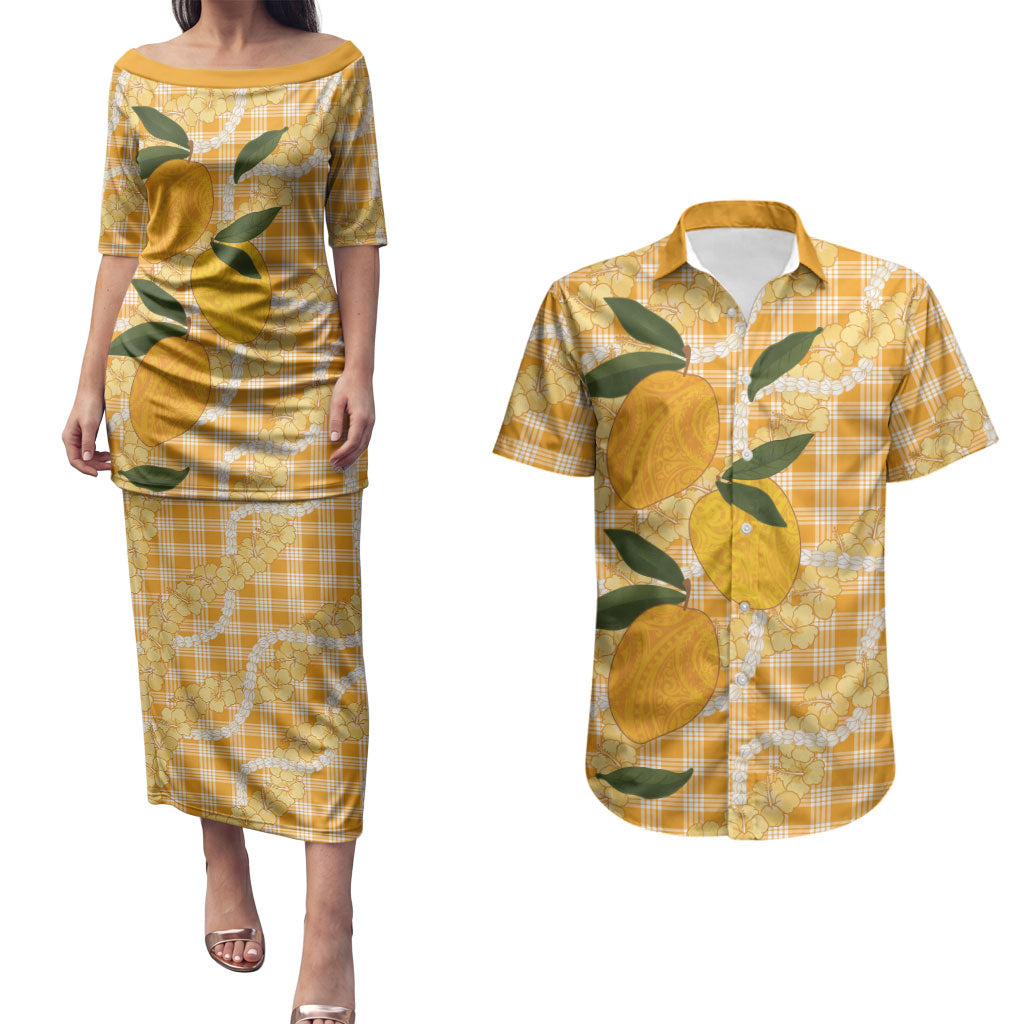 Alani Hawaiian Mango Palaka Couples Matching Puletasi and Hawaiian Shirt Aloha Hibiscus Pikake Lei