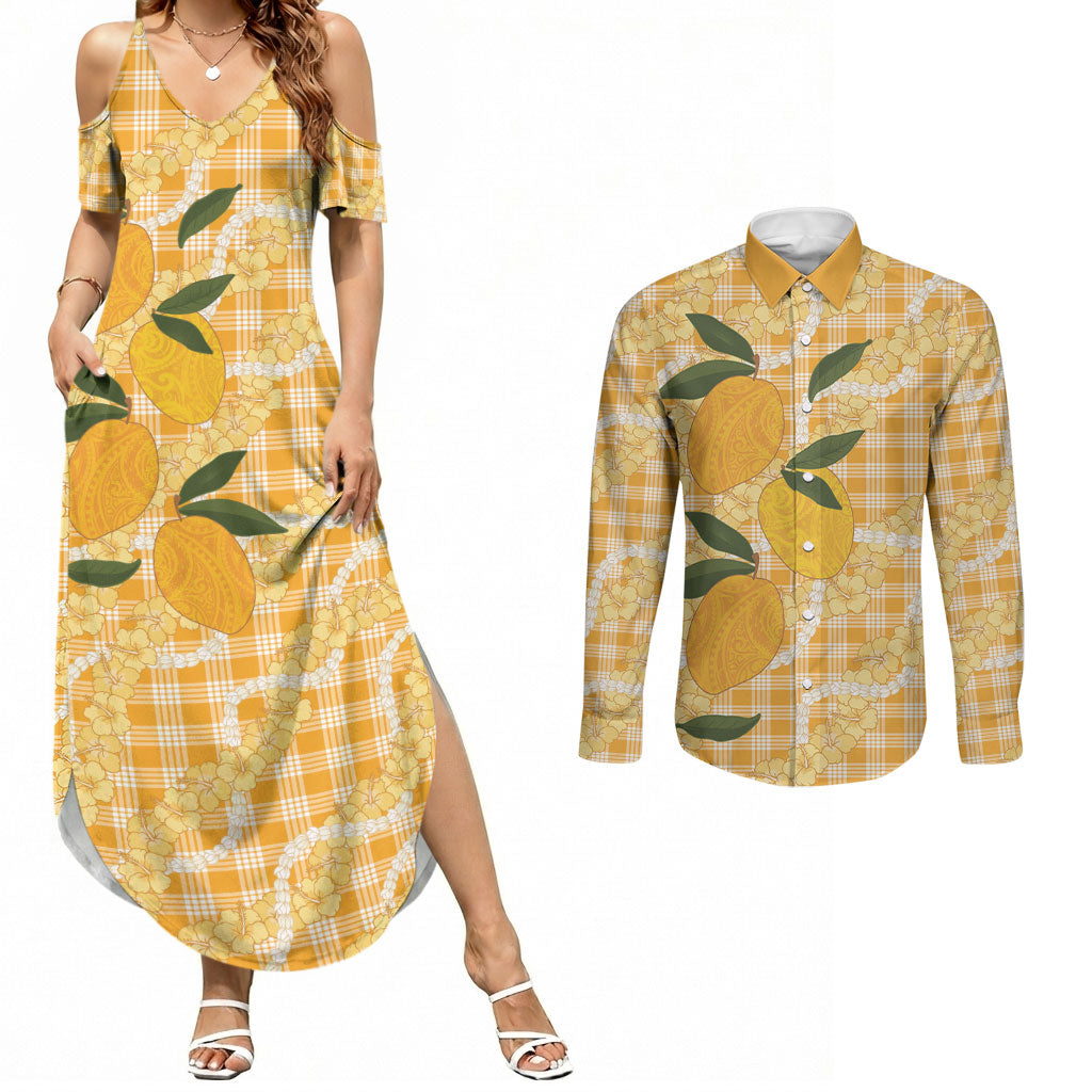 Alani Hawaiian Mango Palaka Couples Matching Summer Maxi Dress and Long Sleeve Button Shirt Aloha Hibiscus Pikake Lei
