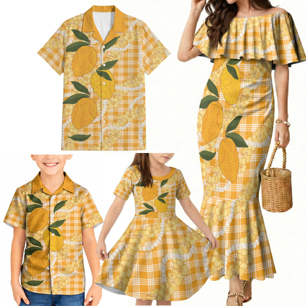 Alani Hawaiian Mango Palaka Family Matching Mermaid Dress and Hawaiian Shirt Aloha Hibiscus Pikake Lei