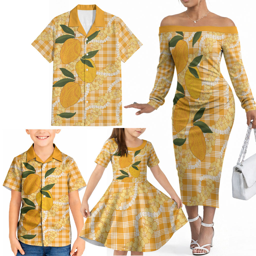 Alani Hawaiian Mango Palaka Family Matching Off The Shoulder Long Sleeve Dress and Hawaiian Shirt Aloha Hibiscus Pikake Lei