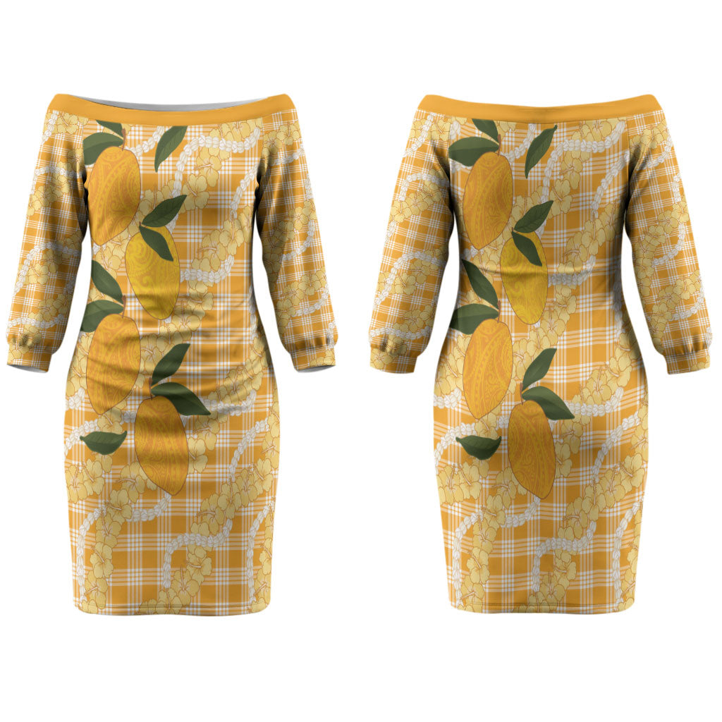 Alani Hawaiian Mango Palaka Family Matching Off The Shoulder Long Sleeve Dress and Hawaiian Shirt Aloha Hibiscus Pikake Lei