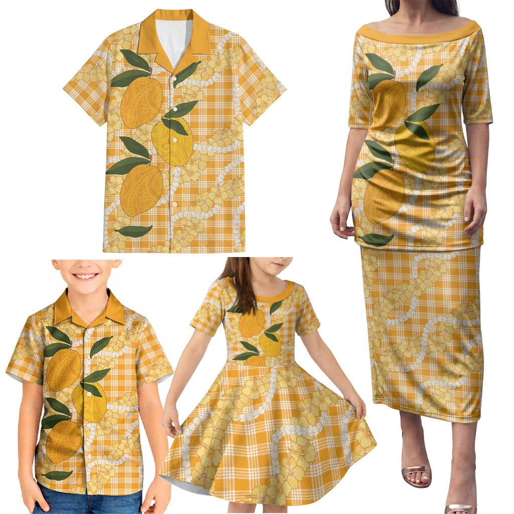 Alani Hawaiian Mango Palaka Family Matching Puletasi and Hawaiian Shirt Aloha Hibiscus Pikake Lei