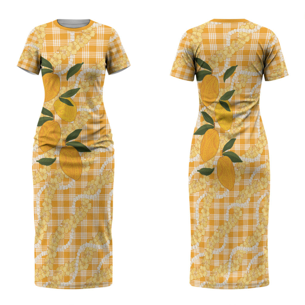 Alani Hawaiian Mango Palaka Family Matching Short Sleeve Bodycon Dress and Hawaiian Shirt Aloha Hibiscus Pikake Lei