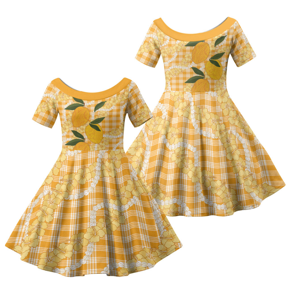 Alani Hawaiian Mango Palaka Family Matching Short Sleeve Bodycon Dress and Hawaiian Shirt Aloha Hibiscus Pikake Lei