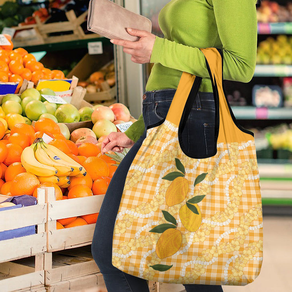 Alani Hawaiian Mango Palaka Grocery Bag Aloha Hibiscus Pikake Lei