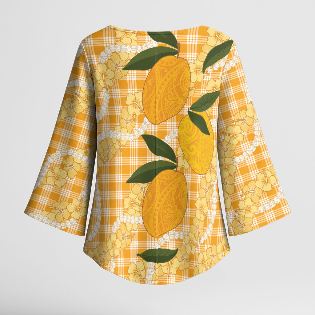 Alani Hawaiian Mango Palaka Kimono Sleeve Blouse Aloha Hibiscus Pikake Lei