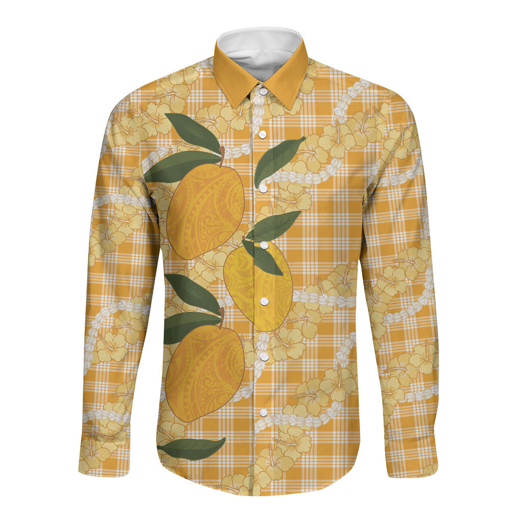 Alani Hawaiian Mango Palaka Long Sleeve Button Shirt Aloha Hibiscus Pikake Lei
