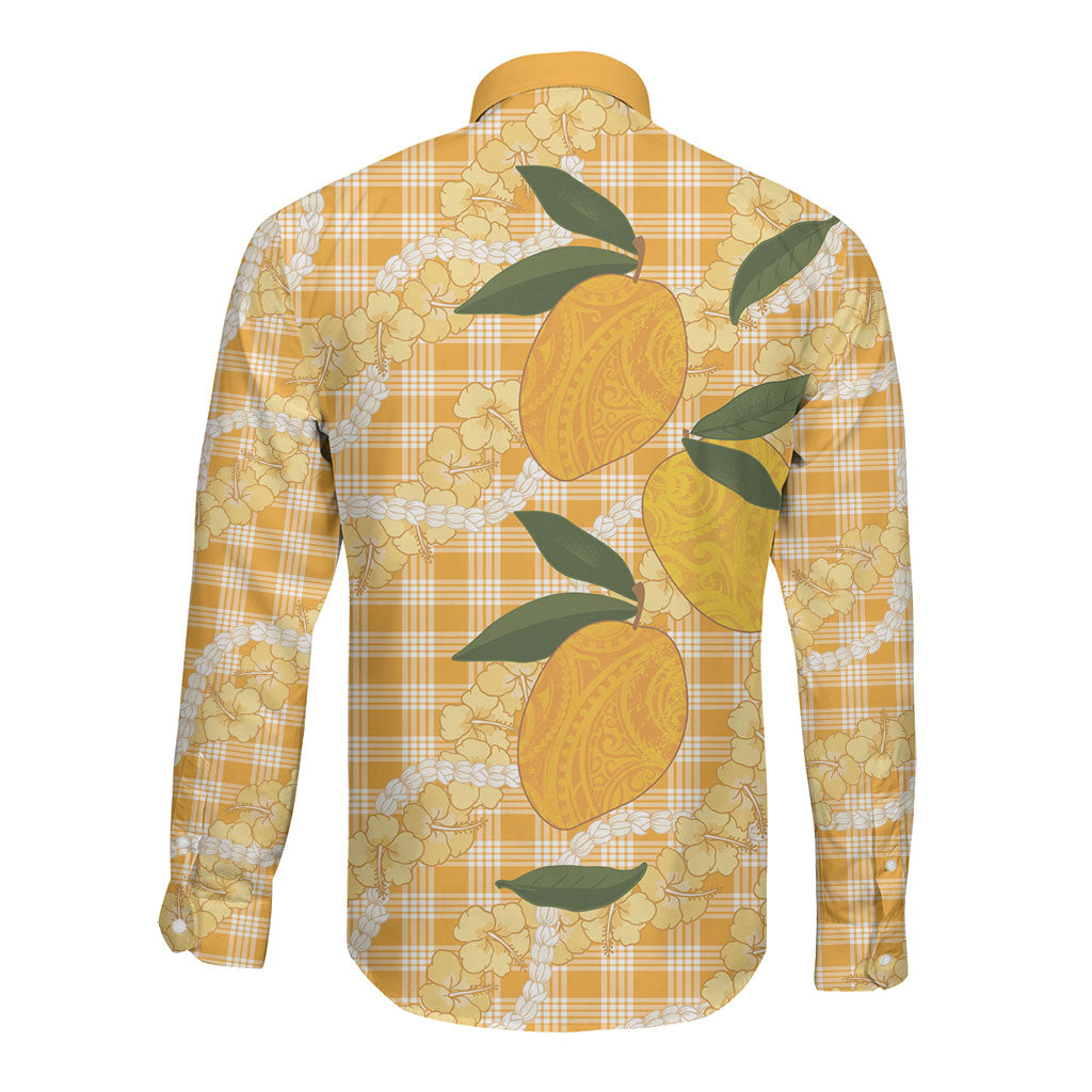 Alani Hawaiian Mango Palaka Long Sleeve Button Shirt Aloha Hibiscus Pikake Lei