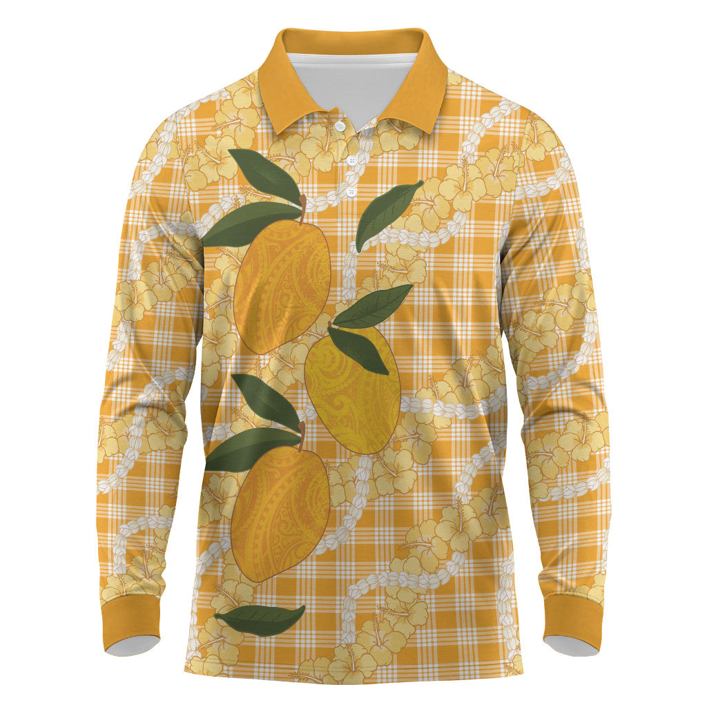 Alani Hawaiian Mango Palaka Long Sleeve Polo Shirt Aloha Hibiscus Pikake Lei