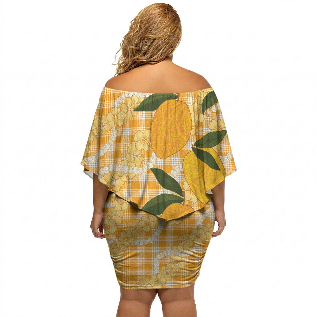 Alani Hawaiian Mango Palaka Off Shoulder Short Dress Aloha Hibiscus Pikake Lei