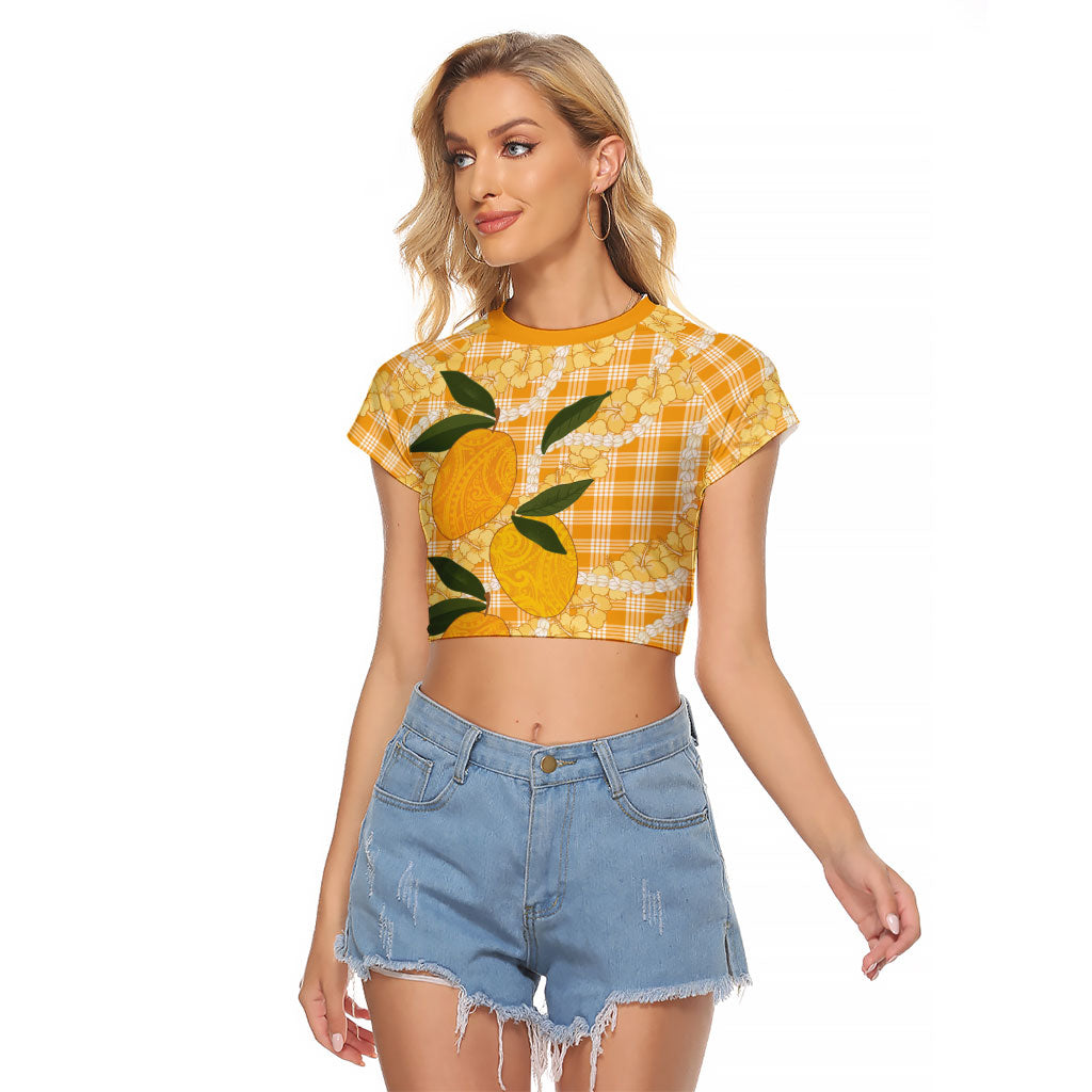 Alani Hawaiian Mango Palaka Raglan Cropped T Shirt Aloha Hibiscus Pikake Lei