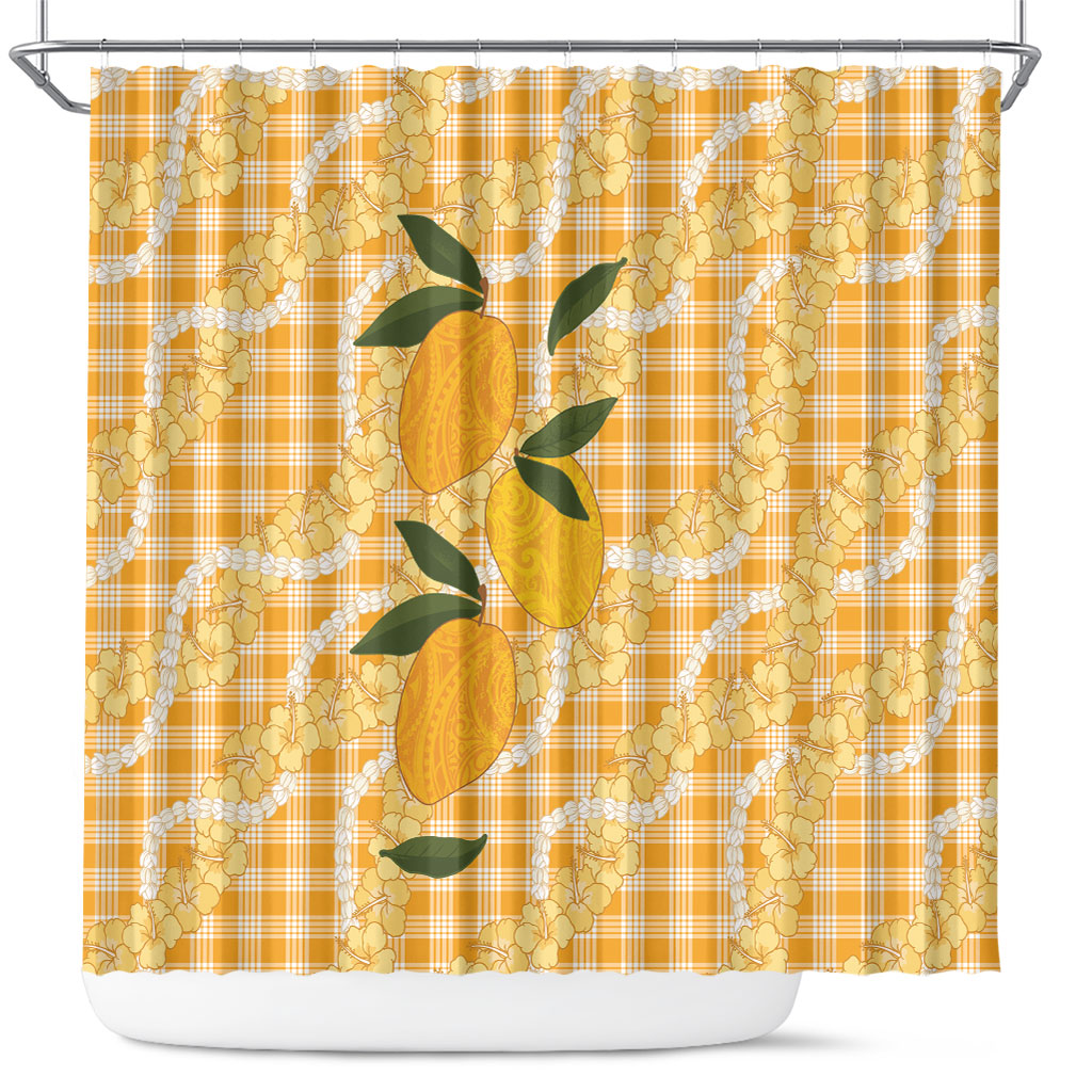 Alani Hawaiian Mango Palaka Shower Curtain Aloha Hibiscus Pikake Lei