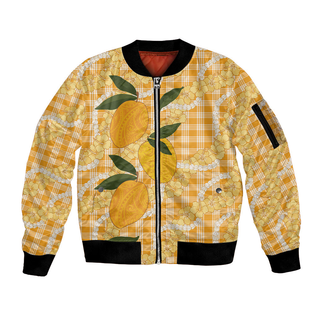 Alani Hawaiian Mango Palaka Sleeve Zip Bomber Jacket Aloha Hibiscus Pikake Lei