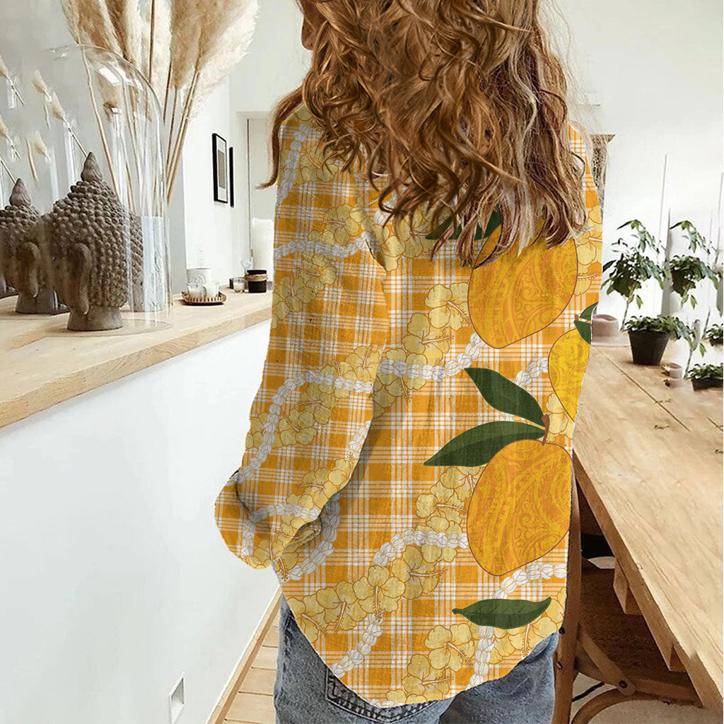 Alani Hawaiian Mango Palaka Women Casual Shirt Aloha Hibiscus Pikake Lei