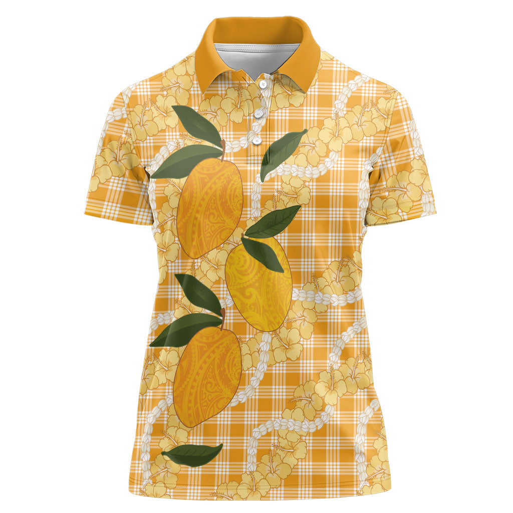 Alani Hawaiian Mango Palaka Women Polo Shirt Aloha Hibiscus Pikake Lei