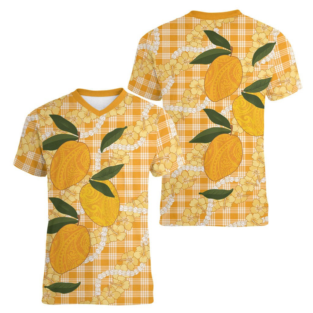 Alani Hawaiian Mango Palaka Women V-Neck T-Shirt Aloha Hibiscus Pikake Lei