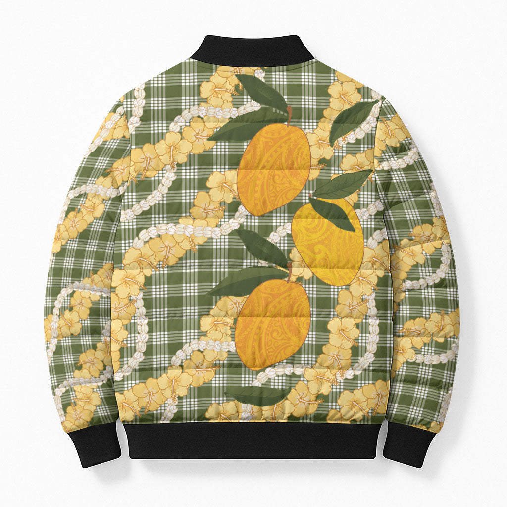 Uliuli Ahiahia Hawaiian Mango Palaka Bomber Puffer Jacket Aloha Hibiscus Pikake Lei