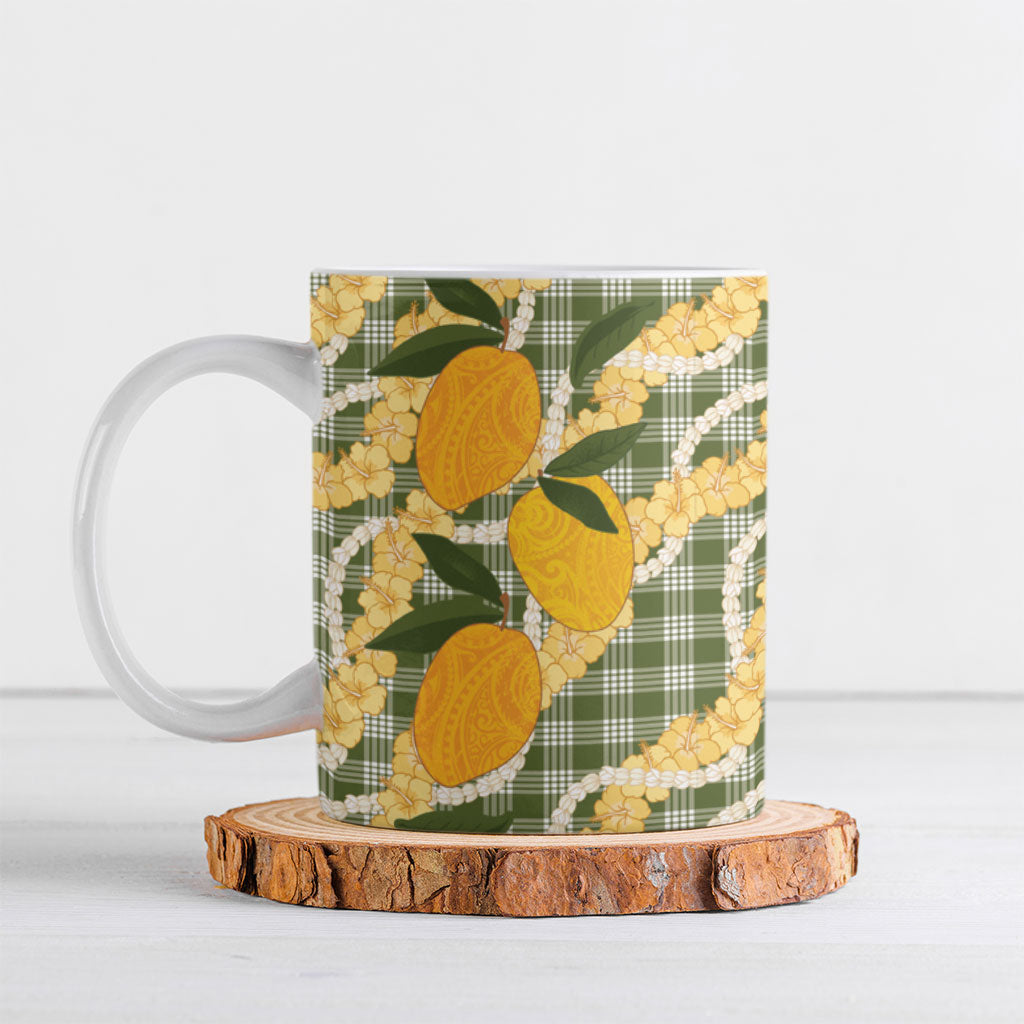 Uliuli Ahiahia Hawaiian Mango Palaka Ceramic Mug Aloha Hibiscus Pikake Lei