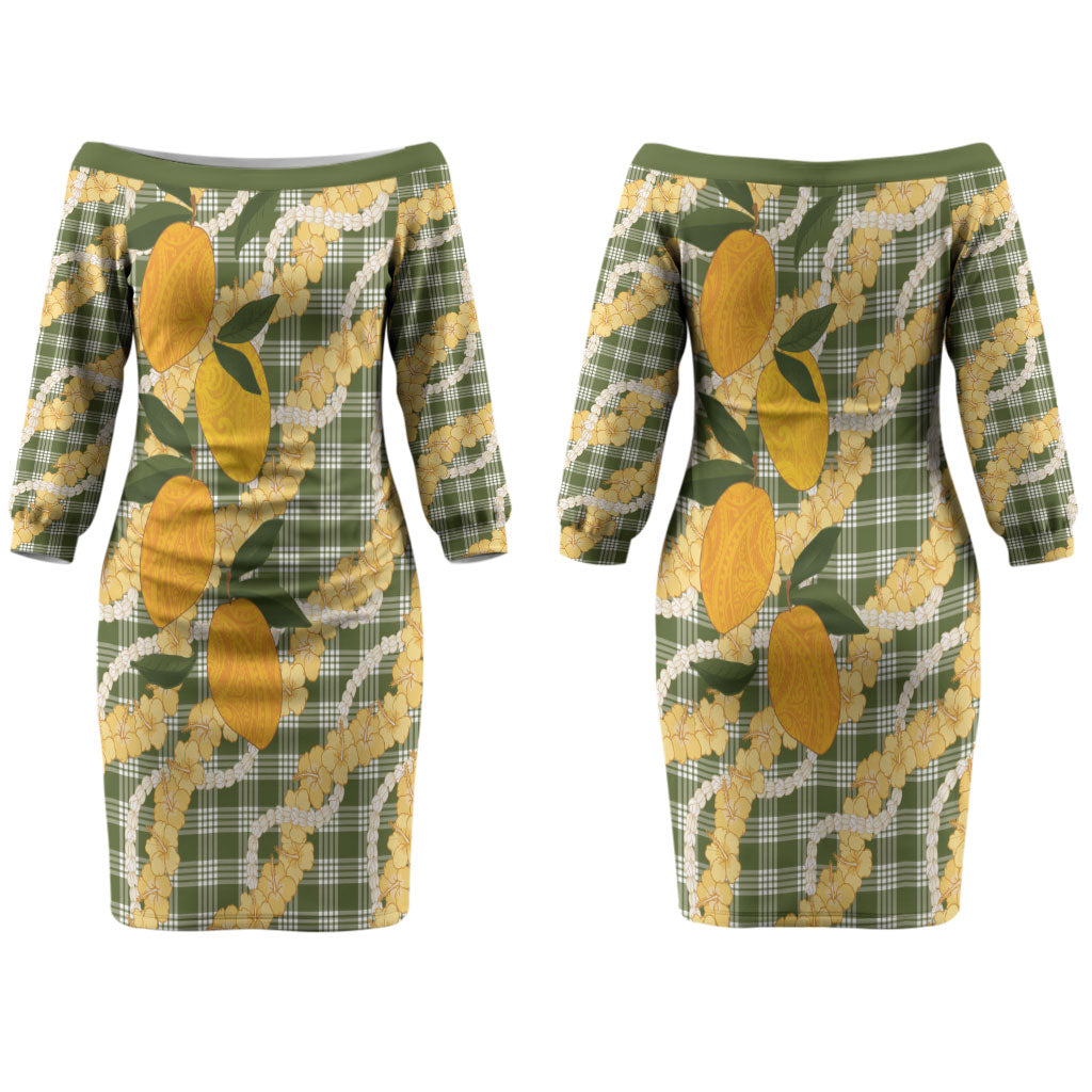 Uliuli Ahiahia Hawaiian Mango Palaka Couples Matching Off The Shoulder Long Sleeve Dress and Hawaiian Shirt Aloha Hibiscus Pikake Lei