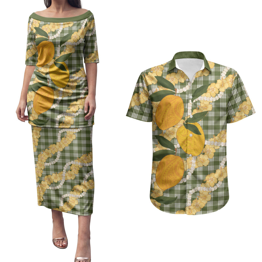 Uliuli Ahiahia Hawaiian Mango Palaka Couples Matching Puletasi and Hawaiian Shirt Aloha Hibiscus Pikake Lei