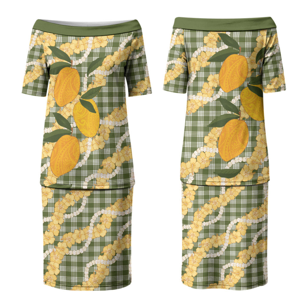 Uliuli Ahiahia Hawaiian Mango Palaka Couples Matching Puletasi and Hawaiian Shirt Aloha Hibiscus Pikake Lei