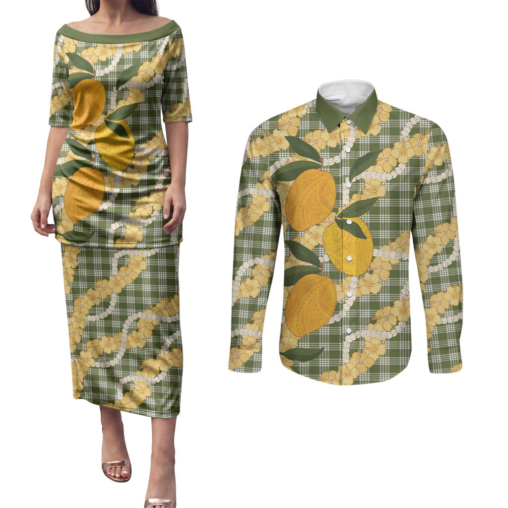 Uliuli Ahiahia Hawaiian Mango Palaka Couples Matching Puletasi and Long Sleeve Button Shirt Aloha Hibiscus Pikake Lei
