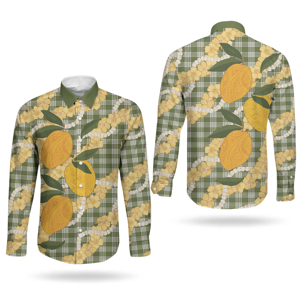 Uliuli Ahiahia Hawaiian Mango Palaka Couples Matching Puletasi and Long Sleeve Button Shirt Aloha Hibiscus Pikake Lei