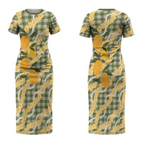 Uliuli Ahiahia Hawaiian Mango Palaka Couples Matching Short Sleeve Bodycon Dress and Long Sleeve Button Shirt Aloha Hibiscus Pikake Lei