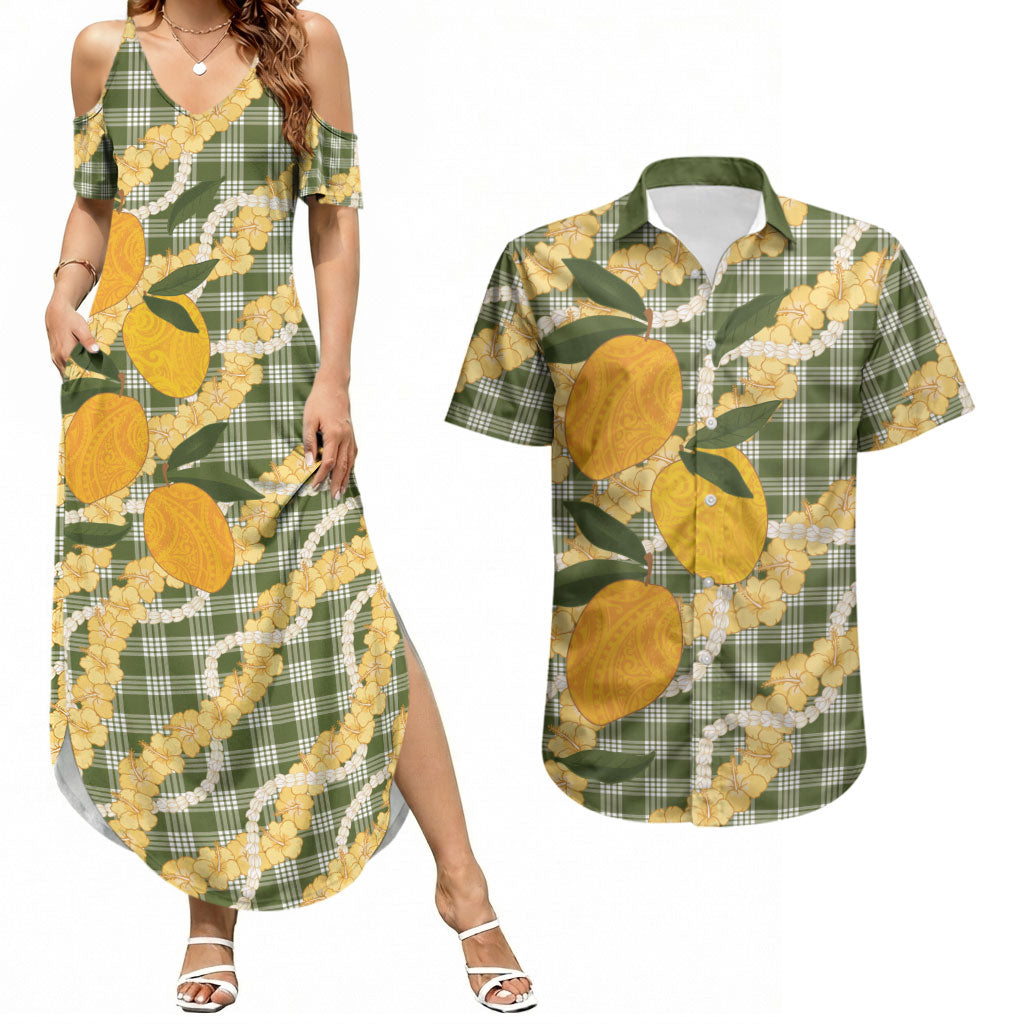 Uliuli Ahiahia Hawaiian Mango Palaka Couples Matching Summer Maxi Dress and Hawaiian Shirt Aloha Hibiscus Pikake Lei
