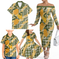 Uliuli Ahiahia Hawaiian Mango Palaka Family Matching Off The Shoulder Long Sleeve Dress and Hawaiian Shirt Aloha Hibiscus Pikake Lei