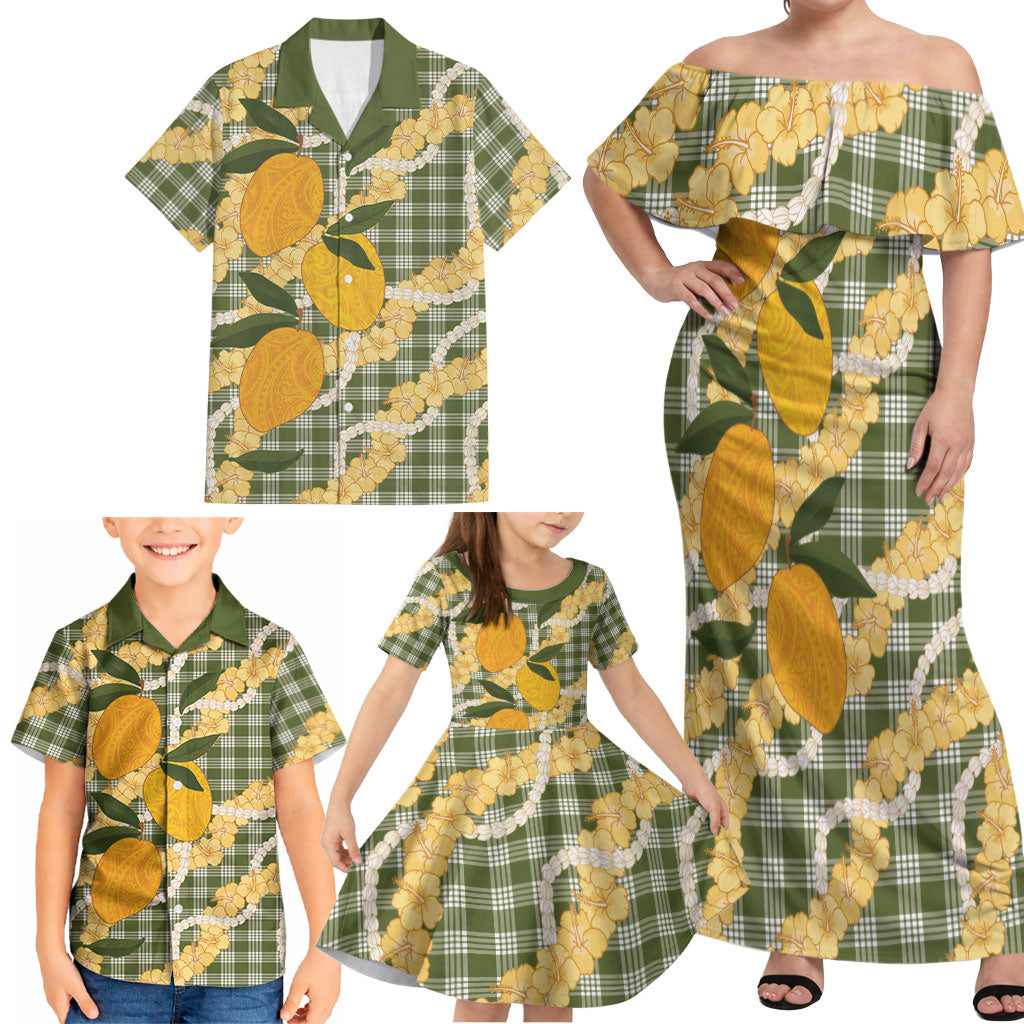 Uliuli Ahiahia Hawaiian Mango Palaka Family Matching Off Shoulder Maxi Dress and Hawaiian Shirt Aloha Hibiscus Pikake Lei