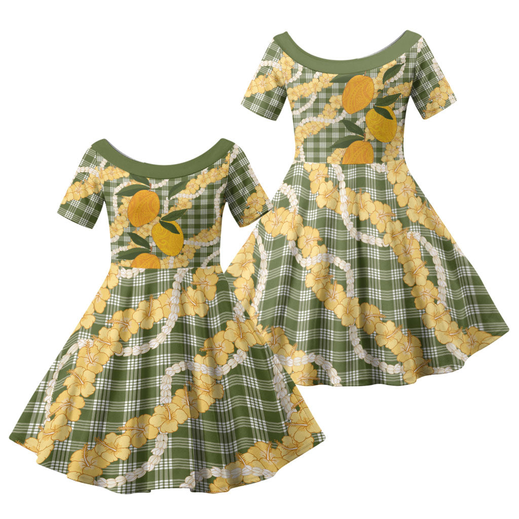 Uliuli Ahiahia Hawaiian Mango Palaka Family Matching Off Shoulder Maxi Dress and Hawaiian Shirt Aloha Hibiscus Pikake Lei