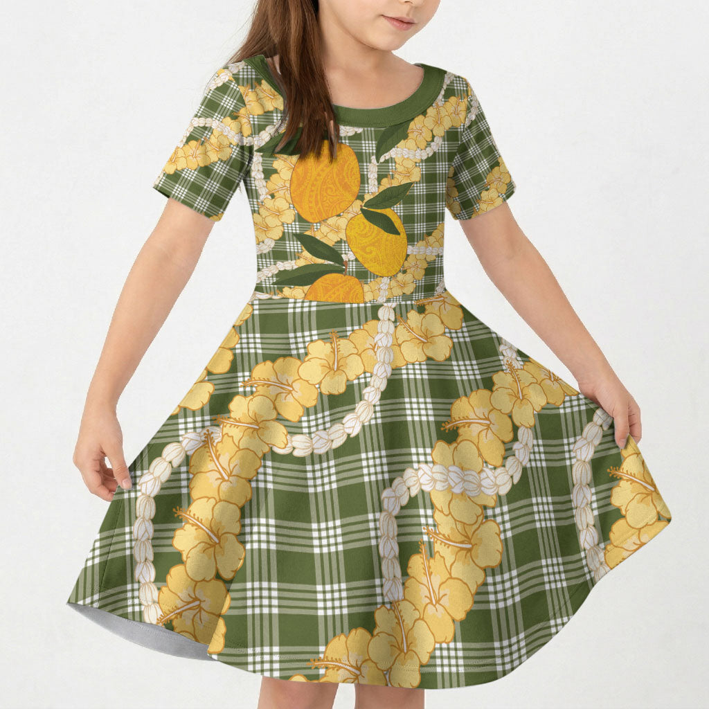 Uliuli Ahiahia Hawaiian Mango Palaka Kid Short Sleeve Dress Aloha Hibiscus Pikake Lei