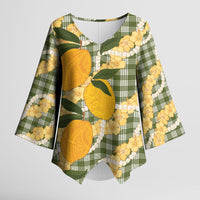 Uliuli Ahiahia Hawaiian Mango Palaka Kimono Sleeve Blouse Aloha Hibiscus Pikake Lei