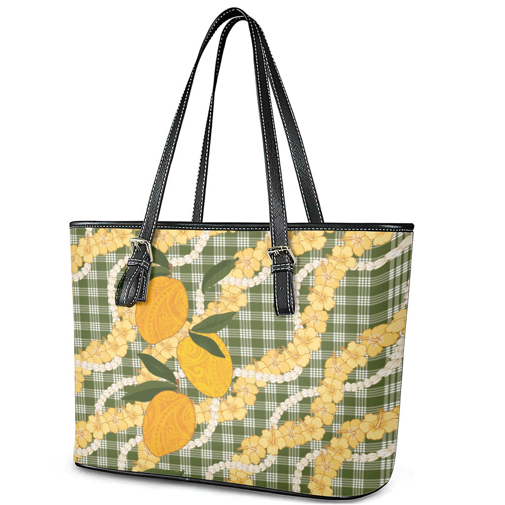Uliuli Ahiahia Hawaiian Mango Palaka Leather Tote Bag Aloha Hibiscus Pikake Lei