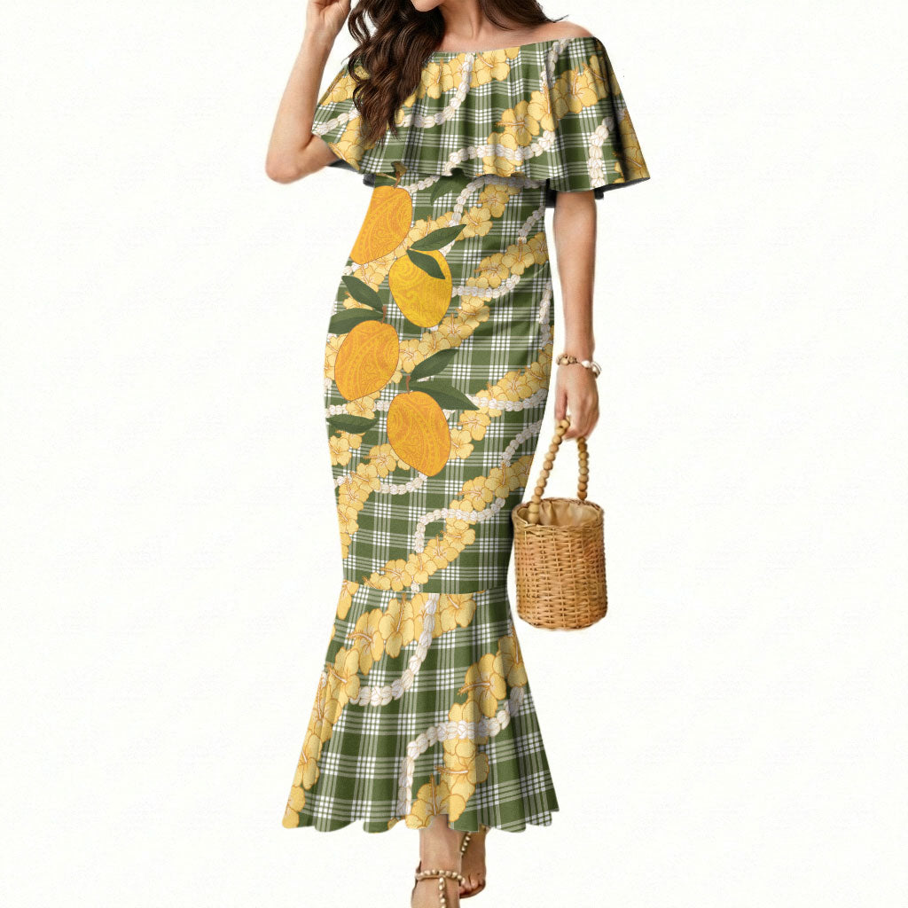 Uliuli Ahiahia Hawaiian Mango Palaka Mermaid Dress Aloha Hibiscus Pikake Lei