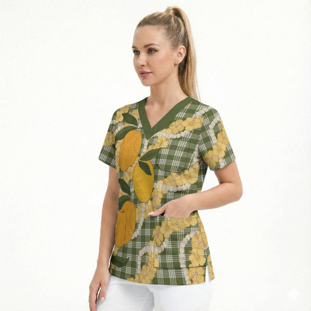 Uliuli Ahiahia Hawaiian Mango Palaka Scrub Top Aloha Hibiscus Pikake Lei