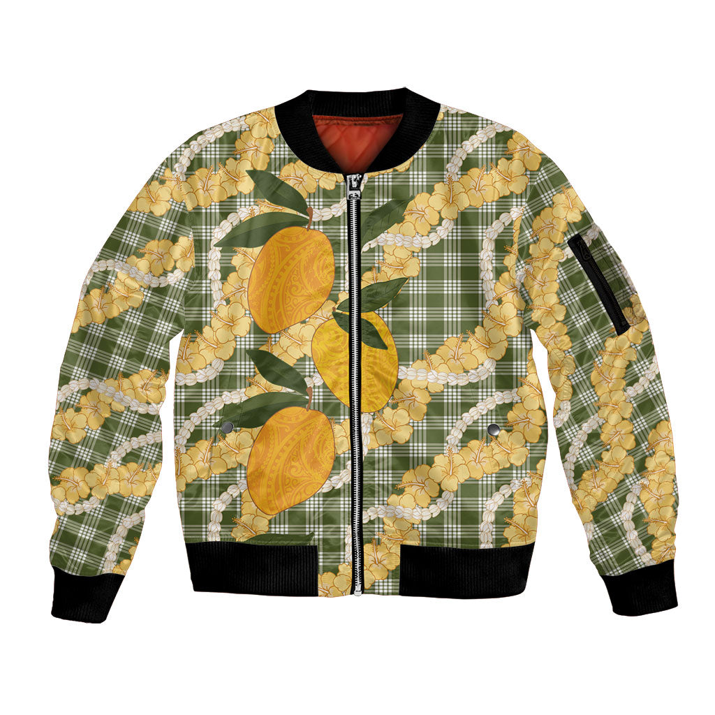 Uliuli Ahiahia Hawaiian Mango Palaka Sleeve Zip Bomber Jacket Aloha Hibiscus Pikake Lei