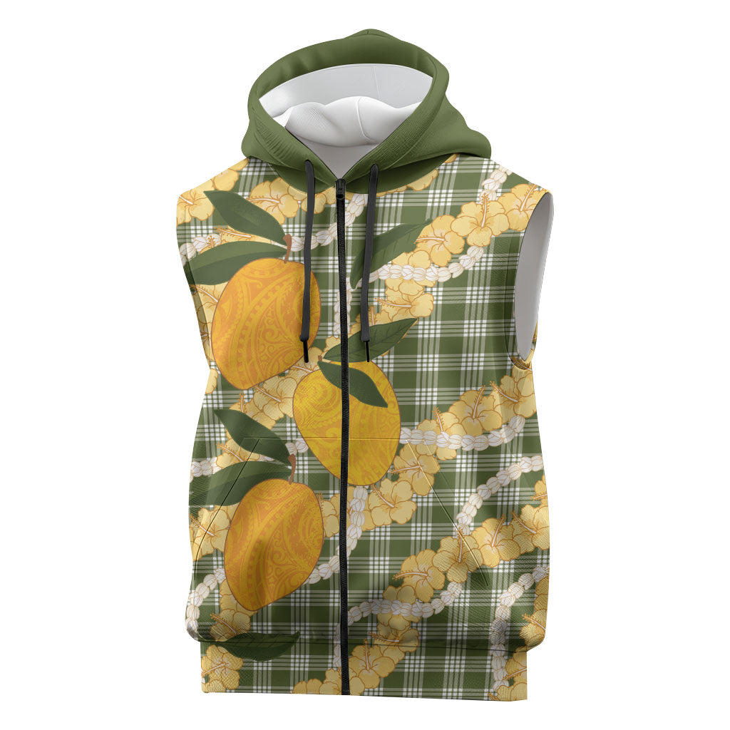 Uliuli Ahiahia Hawaiian Mango Palaka Sleeveless Zip Hoodie Aloha Hibiscus Pikake Lei