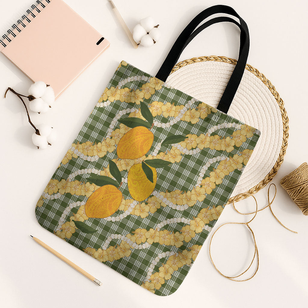 Uliuli Ahiahia Hawaiian Mango Palaka Tote Bag Aloha Hibiscus Pikake Lei