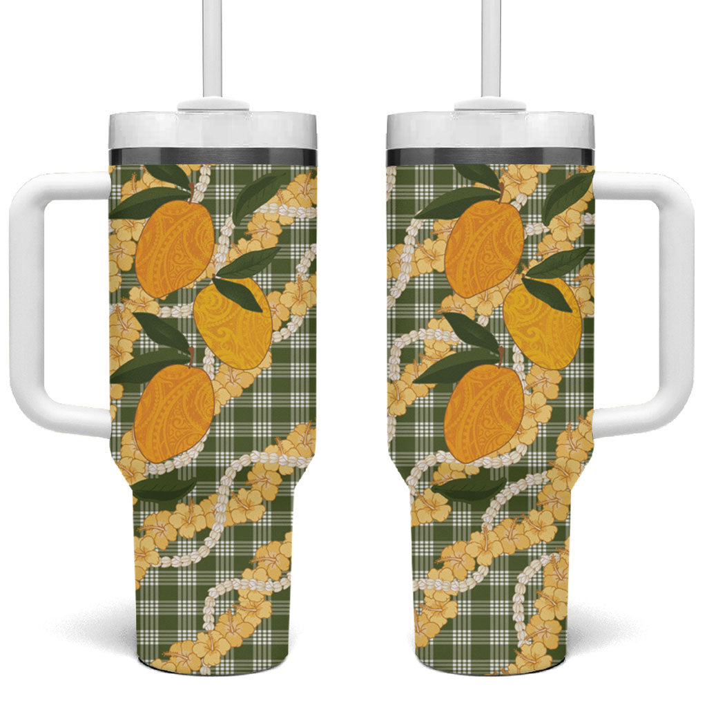 Uliuli Ahiahia Hawaiian Mango Palaka Tumbler With Handle Aloha Hibiscus Pikake Lei