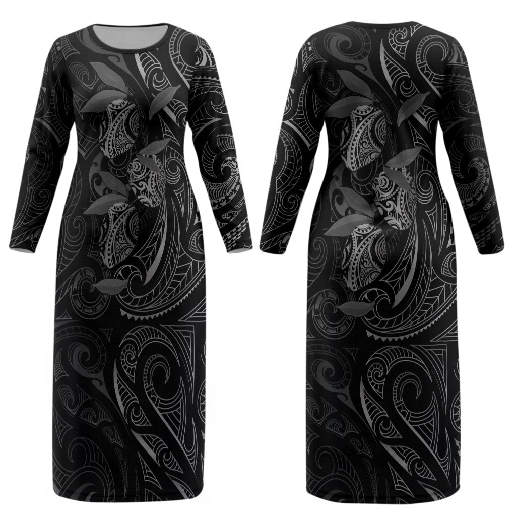 Hawaiian Mango Tribal Tattoo Couples Matching Long Sleeve Bodycon Dress and Long Sleeve Button Shirt Black White Pacific Traditional Pattern