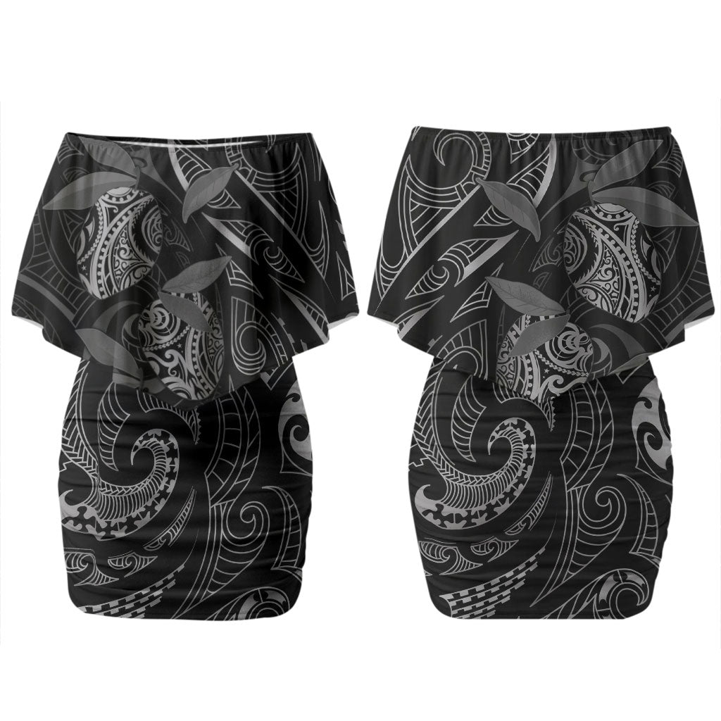 Hawaiian Mango Tribal Tattoo Couples Matching Off Shoulder Short Dress and Hawaiian Shirt Black White Pacific Traditional Pattern
