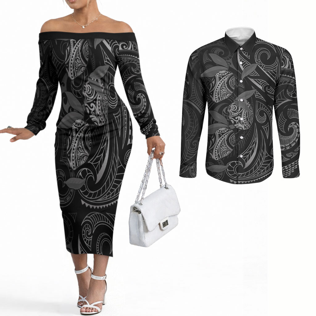 Hawaiian Mango Tribal Tattoo Couples Matching Off The Shoulder Long Sleeve Dress and Long Sleeve Button Shirt Black White Pacific Traditional Pattern