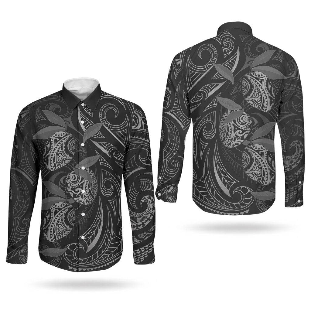 Hawaiian Mango Tribal Tattoo Couples Matching Puletasi and Long Sleeve Button Shirt Black White Pacific Traditional Pattern
